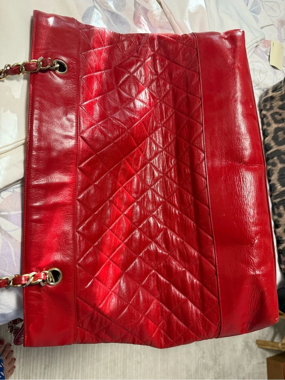 CHANEL Red Quilted Leather Chain-Handle Tote